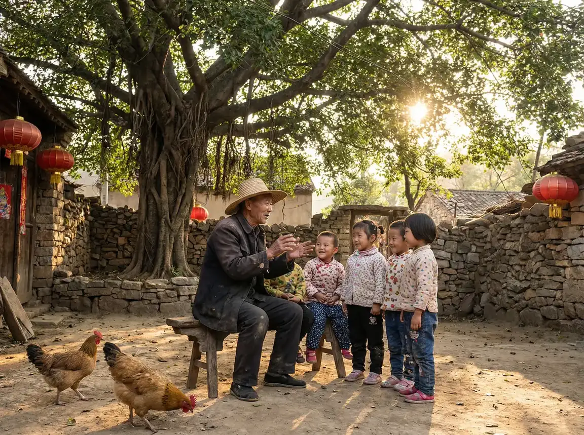 老人在大榕树下给孩子们讲故事 - 数码宝贝新世纪兑换码 乡村记忆